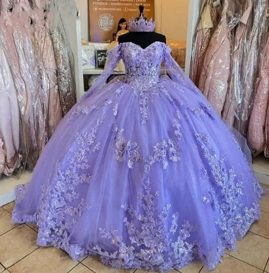 Lavender Quinceanera Dresses 3D Flowers Appliques Off Shoulder Sweet Princess Prom Party Gowns