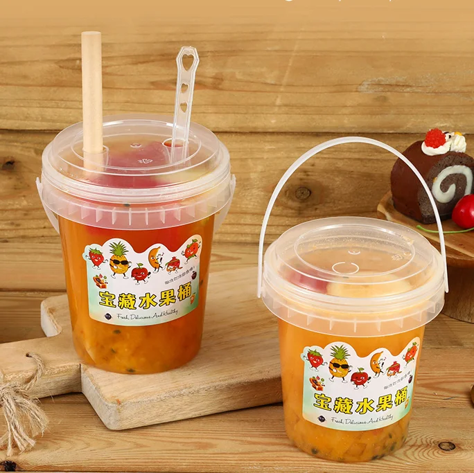 Wholesale 32oz Plastic Drink Buckets IML Printing Disposable Fruits Container Clear Bucket Cups With Lid