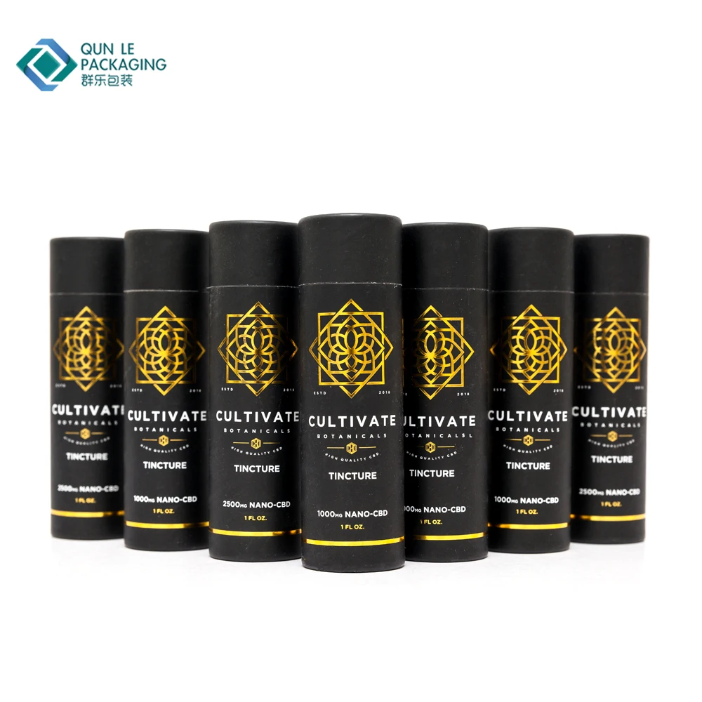 Custom Printed CBD Hemp Oil  Bottle Paper Tube Packaging Cylinder Box With Gold Stamping