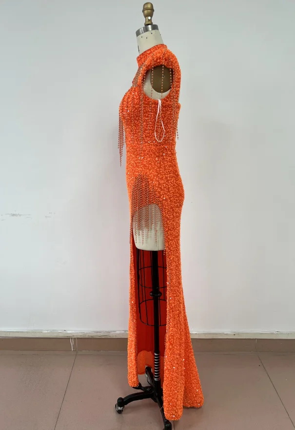 ED2570 Orange High Slit Sexy Maxi Dresses Luxury Dresses Women Elegant Ball Gown Sequin Pearl Evening Dress