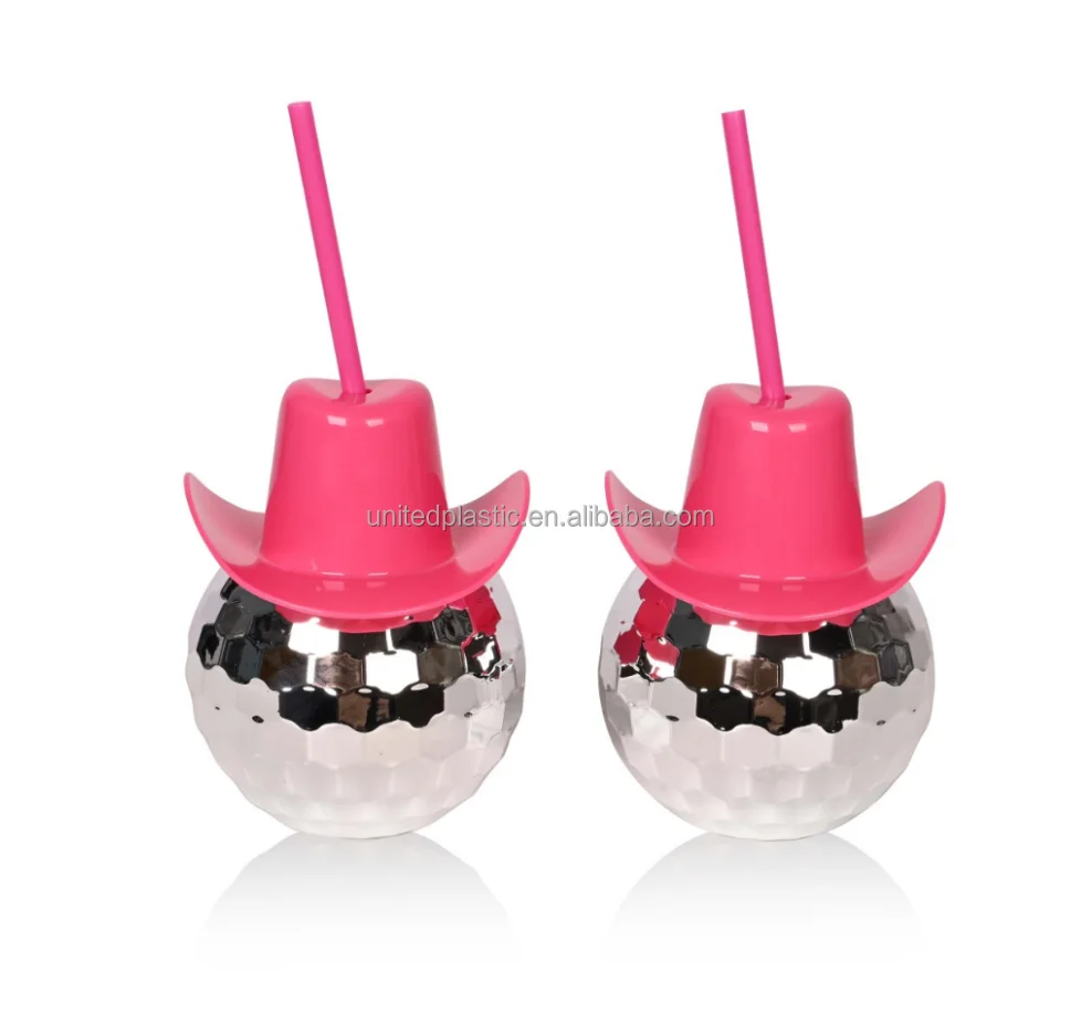 20OZ Plastic Disco Ball Cup Mirror Tumbler with Pink Cowgirl Hat Cups with Straw For Party