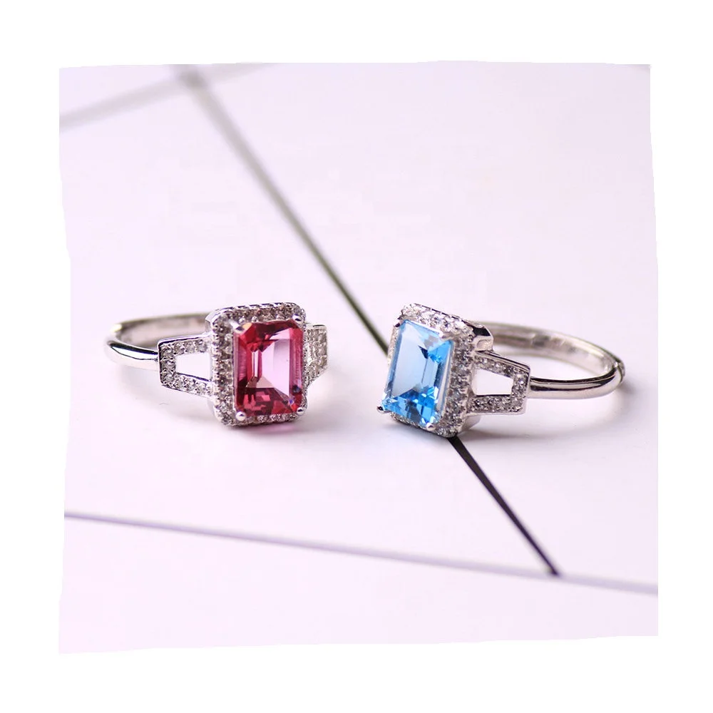Vogue 925 silver inlay Natural red and blue topaz crystal healing ring