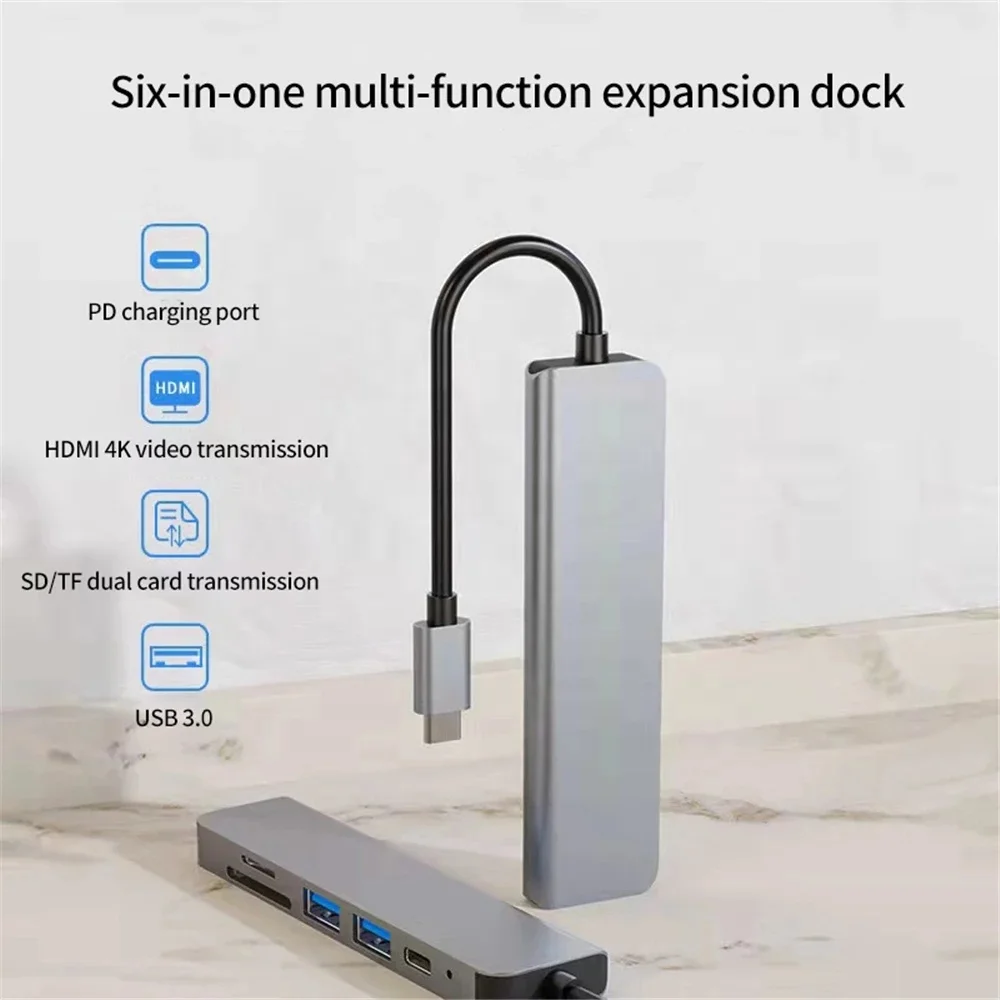 6 in1 USB Type C Hub Adapter with 4K HDMI Multiport Card Reader USB3.0 TF PD SD Reader All In One For PC Computer Accessories