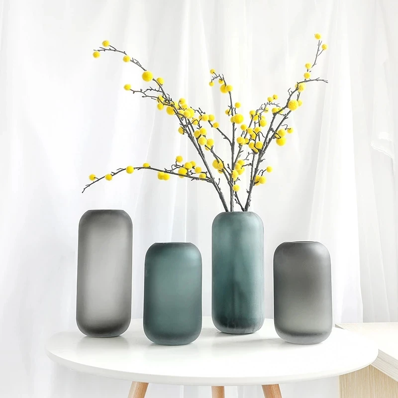 European-Style High-End Simple Round Grey Green Flower Vases for Decoration Frosted Texture Classic Glass Vase