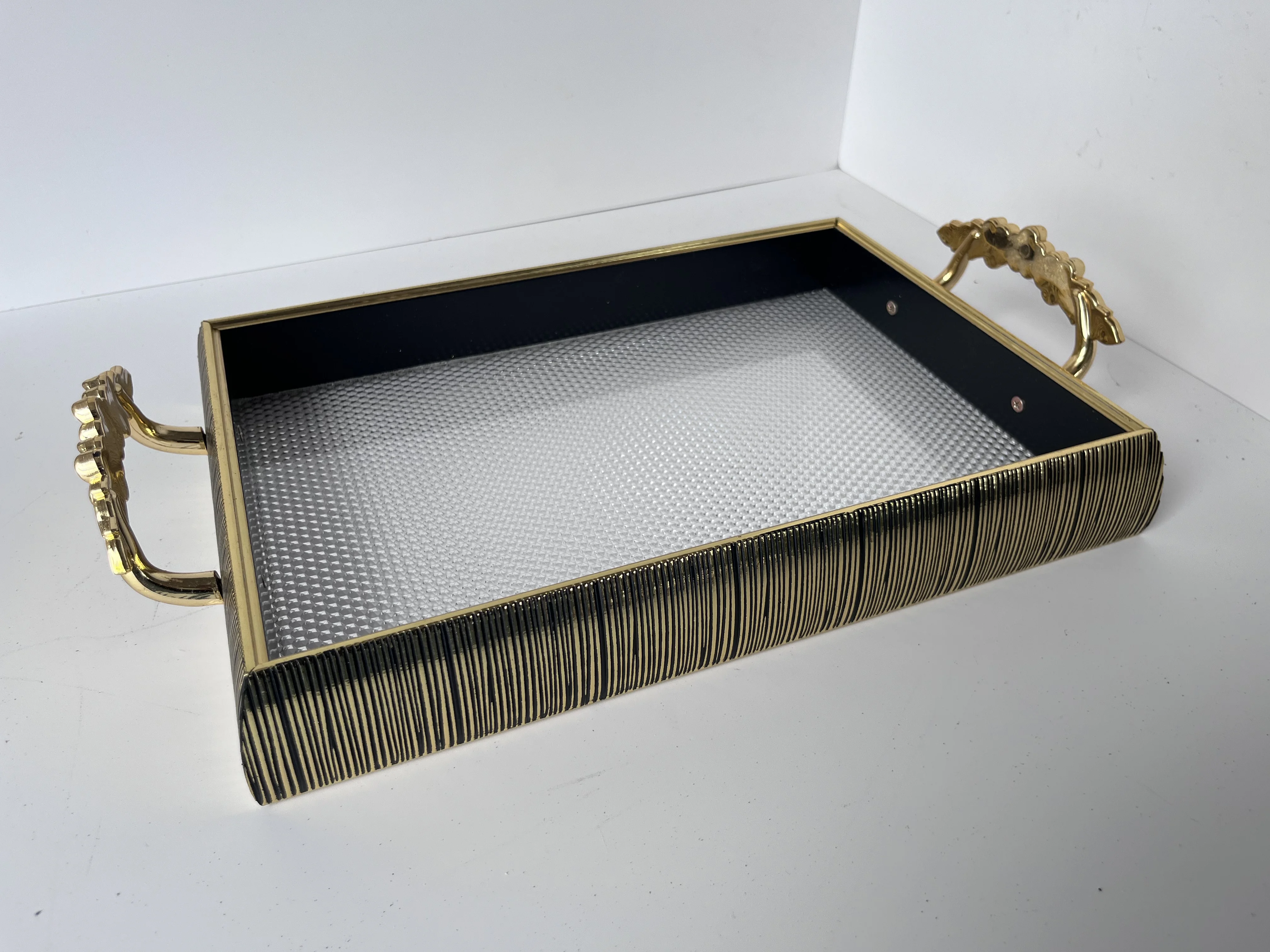 Customized acrylic bottom Black gold line carving decoration Serving Trays with beautiful handle