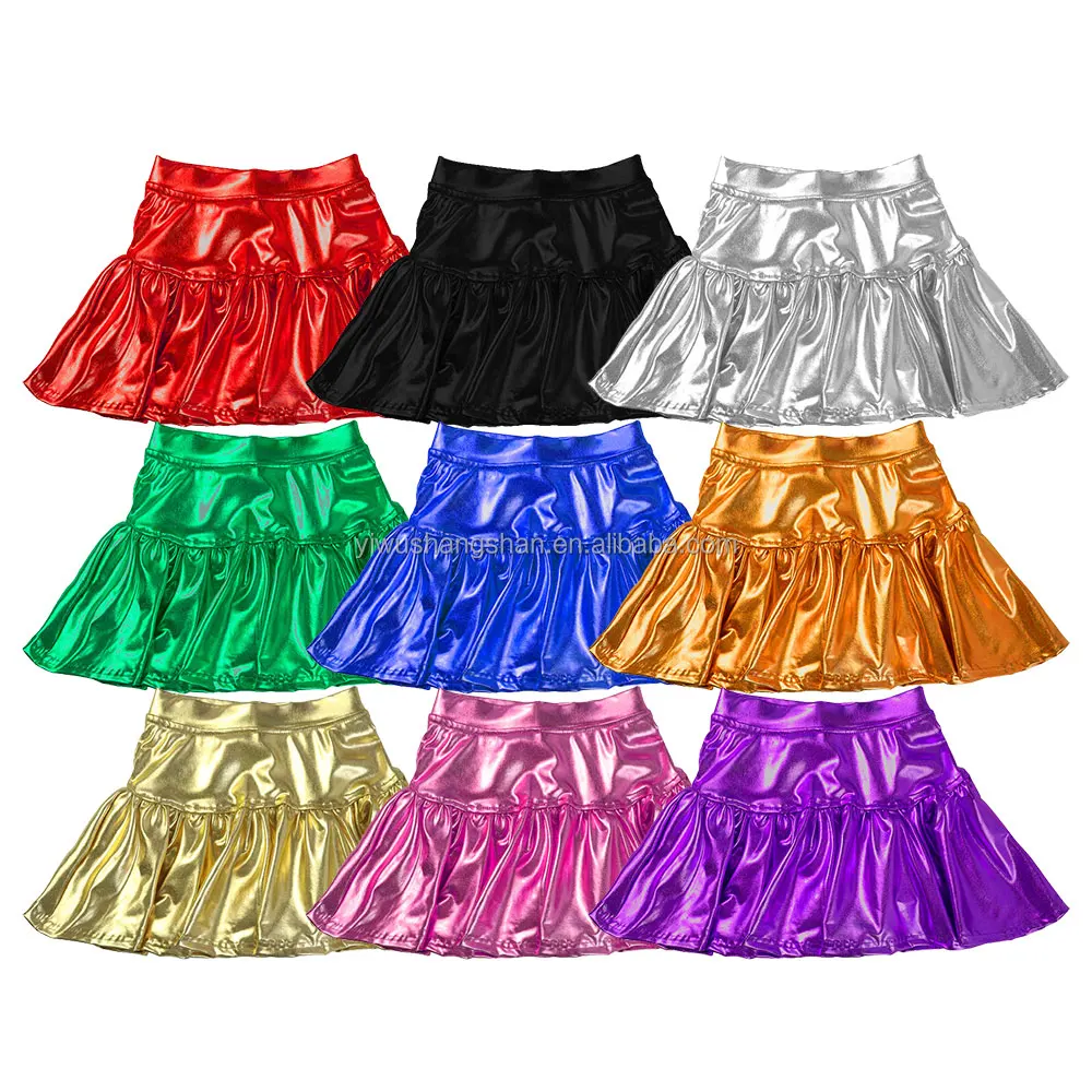 Wholesale 31 Colors Kids Metallic Girls Skirts High Waist Pure Color Baby Children pu leather Yoga Skirt