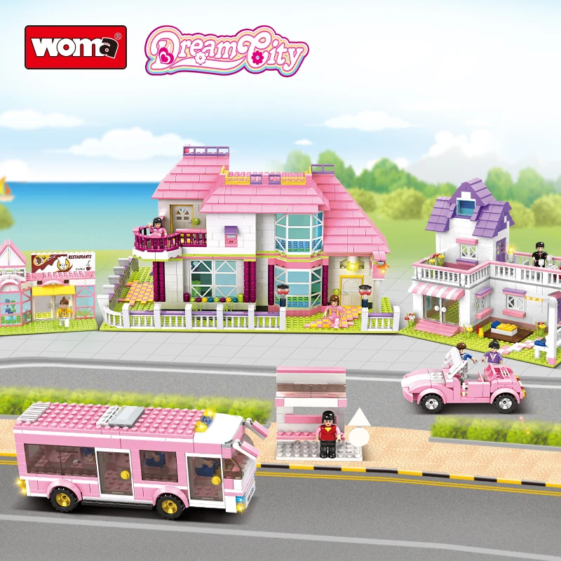 Woma Toys J5760 Pink Stree View Big Villa House Brick Building Blocks Kids Girls