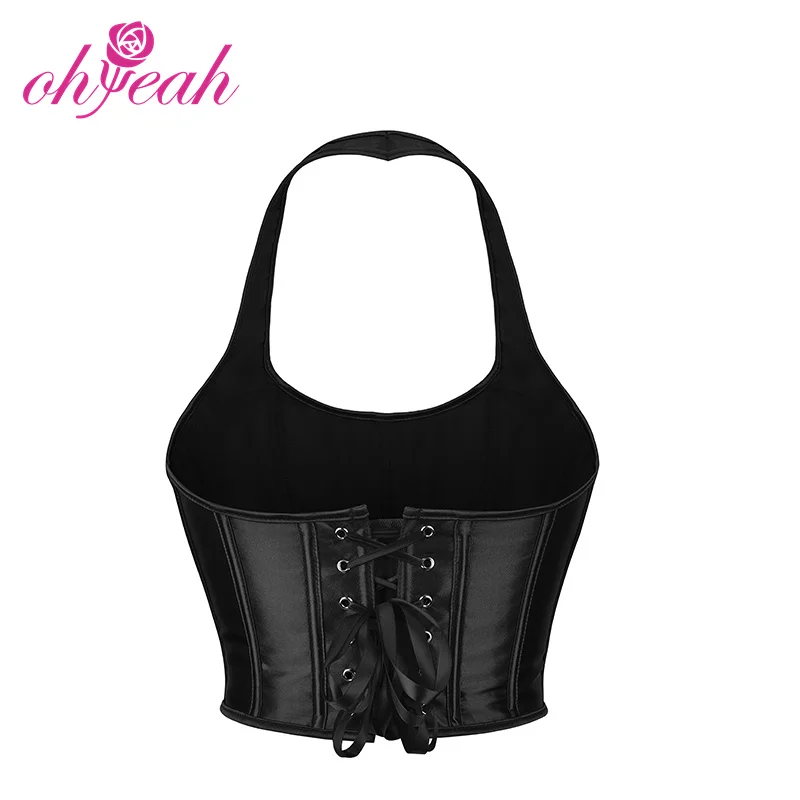 Shop new style mature women black satin halter 13 pieces plastic bones sexy vintage corset vest