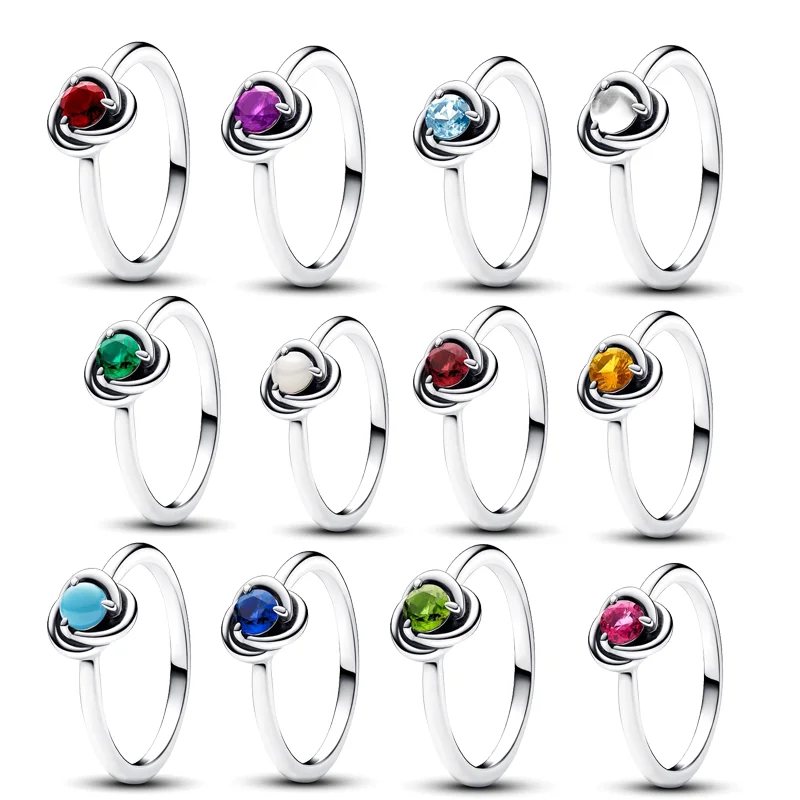 New 925 Sterling Silver 12 Colors Months Birthstone Eternity Circle DIY Rings Original Pan Fine Women Jewelry Birthday Gift