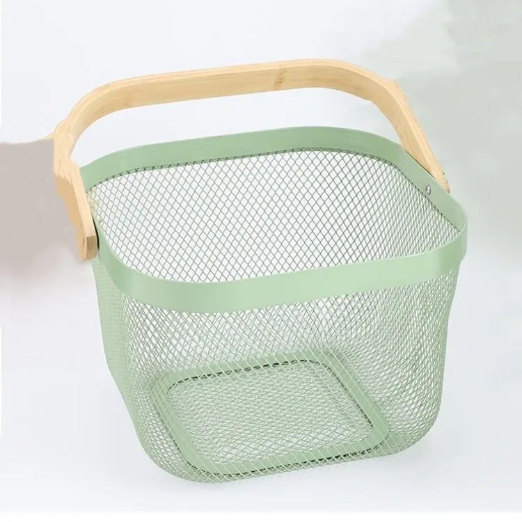Mesh Steel Storage Organizer Basket Multi Functional Metal Wire Hanging Kitchen Baskets Fruit Basket With Bamboo Handle