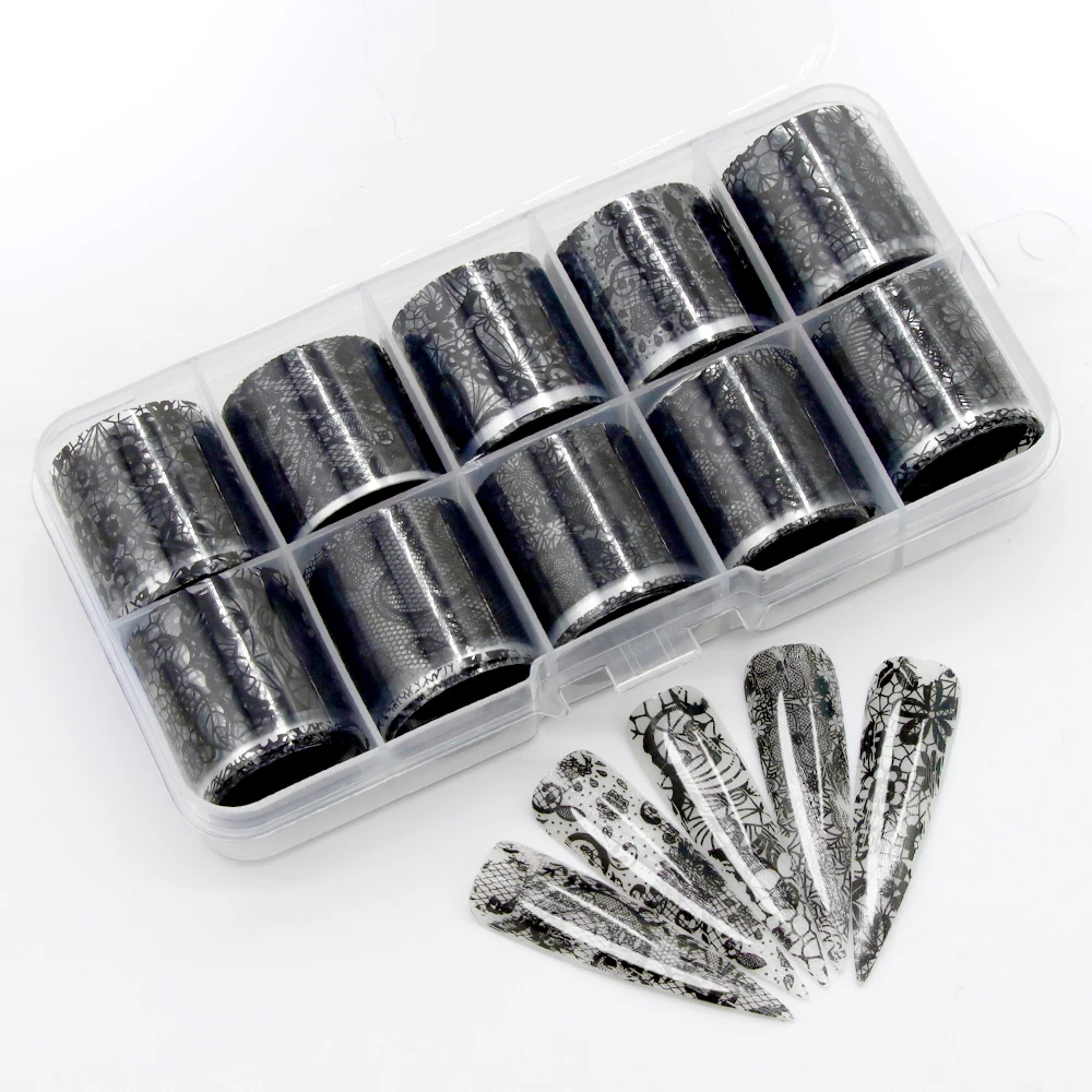10 Grid Black And White Lace Nail Transfer Stickers Lace Small Floral Fragments Nail Decals Stickers