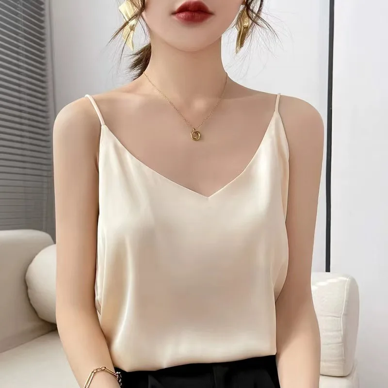 S-XXL Summer Silk Camis V-Neck Basic Top Women Basic Tank Tops Women Sleeveless Vest White Satin Corset Top Female Girl Clothing