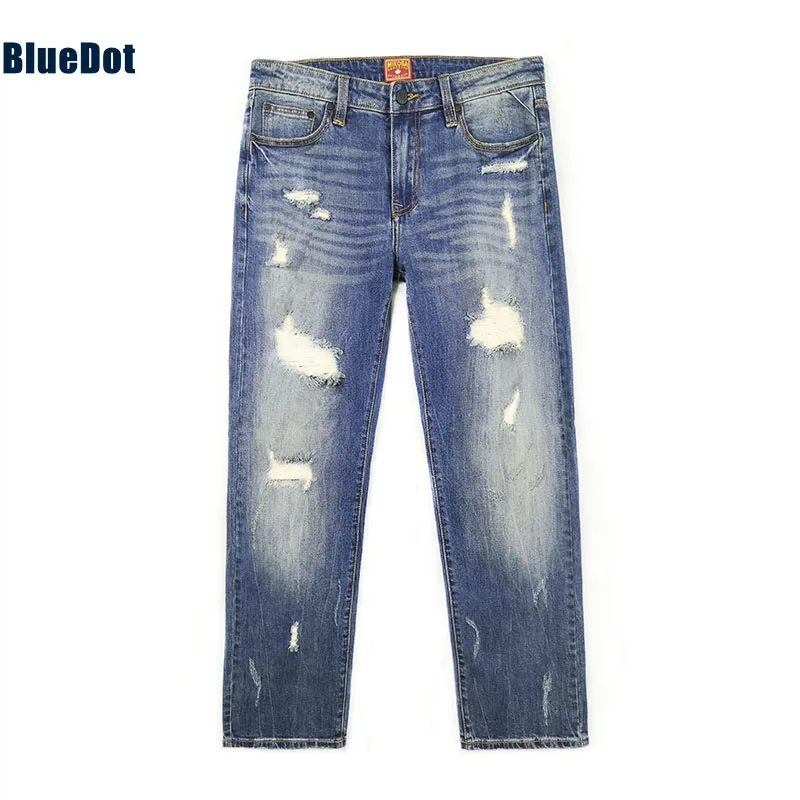 Bluedot customization zipped men jeans pants manufacturer wholesale men jeans trouser side pockets blue rip jeans