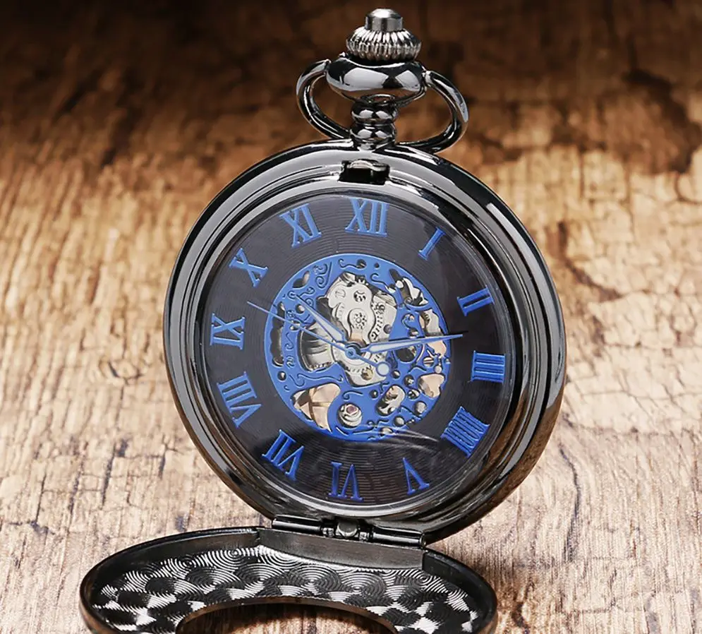 Black Hand Wind Fashion Men Women Retro Cool Smooth Face Mechanical Pocket Watches