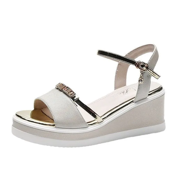 custom Casual Girls Sandals Solid Color Fish Mouth Open Toe Wedge Heel Sequins Ankle Belt Buckle Women Sandals