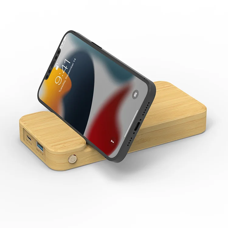 Materials Natural Bamboo Design 3 In 1 Portable Phone Holder Wireless Charger With Power Bank