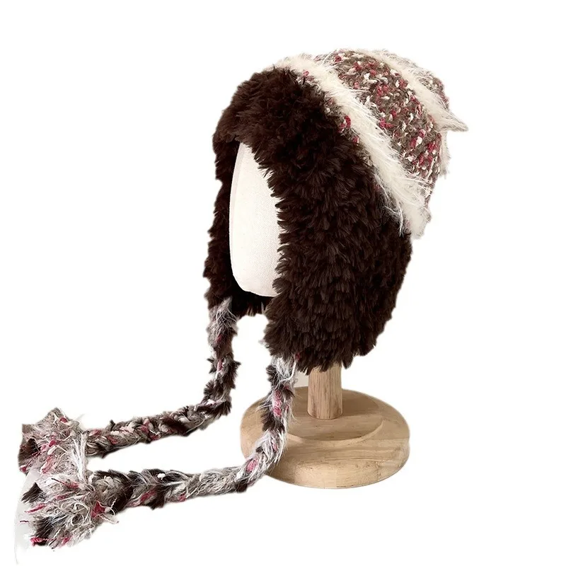 Autumn and Winter Striped Spliced Woolen Hat Wool and Thick Warm Ear-Protection Headband Lei Feng Knitted Hat