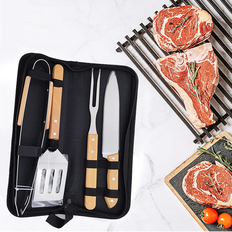 Beech Handle Stainless Steel Barbecue Tool Set Outdoor Multifunctional Barbecue Fork Shovel Clip BBQ Grill