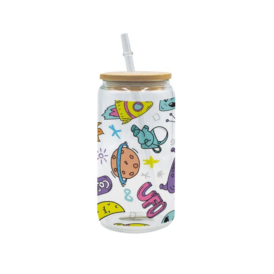 Topjlh 16 oz Beer clear Glass Coffee Cup With Bamboo Lid And Straw Sublimation Soda Can Cup customized printing back to school
