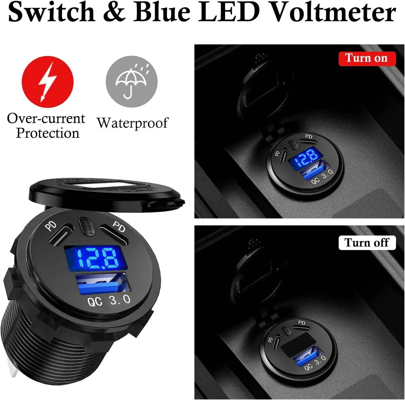 18W QC3.0 USB + Dual 45W PD USB-C Fast Charger with on off switch