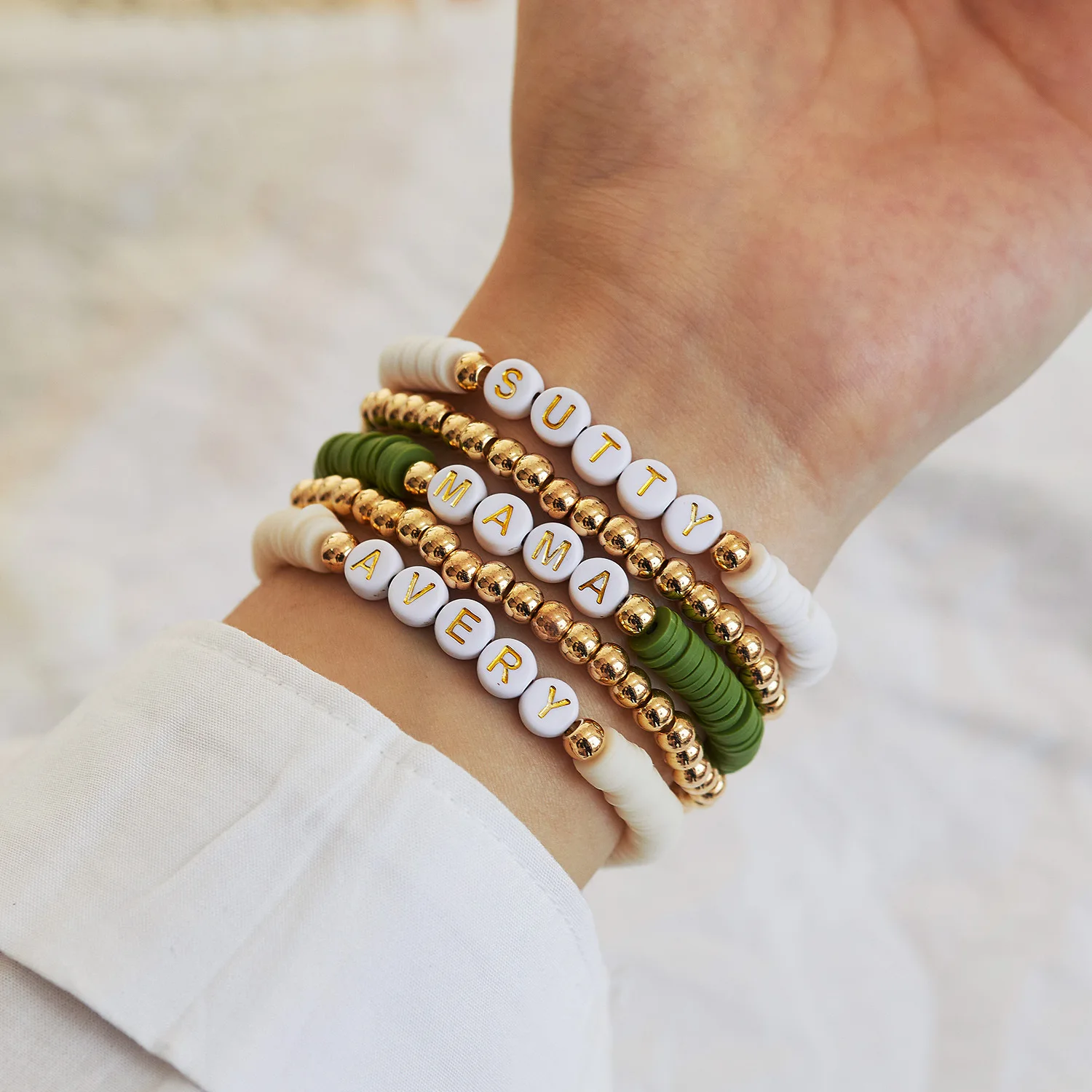 New Design MAMA Gift Boho Jewelry Lucky Letter Soft Clay Pottery Multi layer Handmade Rope Elastic Bracelet For Mama Mother