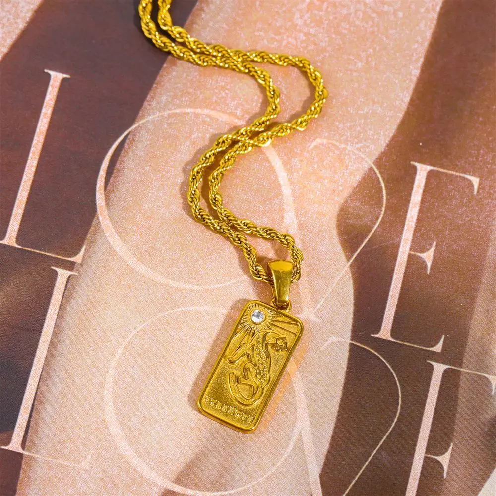 N2056 Waterproof Square Plate Necklaces 18K Gold Plated Stainless Steel Zircon Inlay Star Moon Leopard Relief Tarot Necklaces