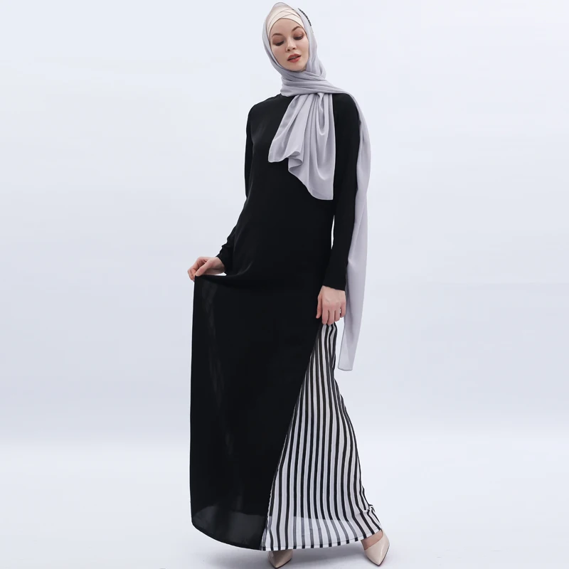 
2652 Fashion High Quality Round collar stitching dress Muslim Clothing Islamic Abaya nida with pleated chiffon fabric 