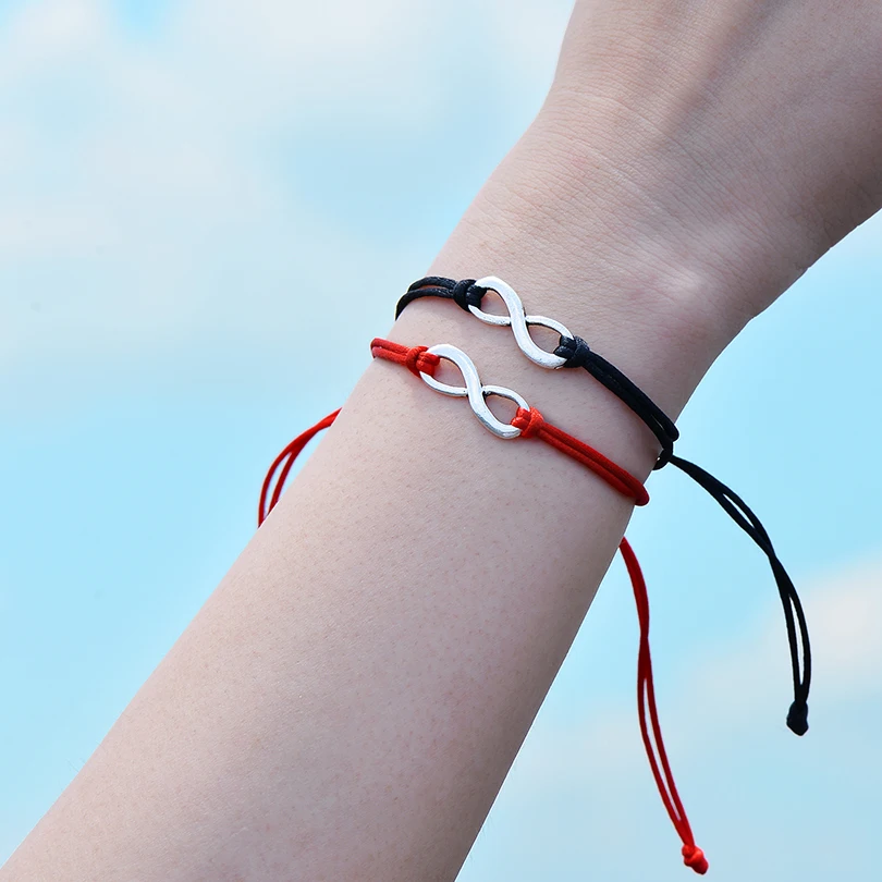 2pcs/set Vintage Infinite Sign Charm Bracelets For Couple Friendship Red And Black Rope Handmade Women Bracelet Men Jewelry