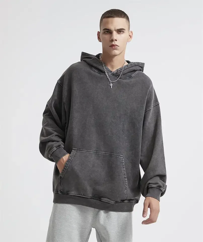 Heavyweight 450 Gsm Hoodie Sweatshirt NO String Custom Men Distressed Over Sized Blank Dark Grey Acid Vintage Washed Hoodie