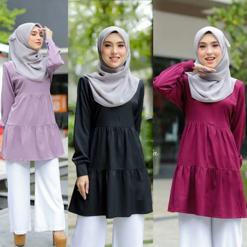 Muslim solid color round neck long-sleeved multi-layer stitching long shirt Middle Eastern Malay stitching pleated shirt