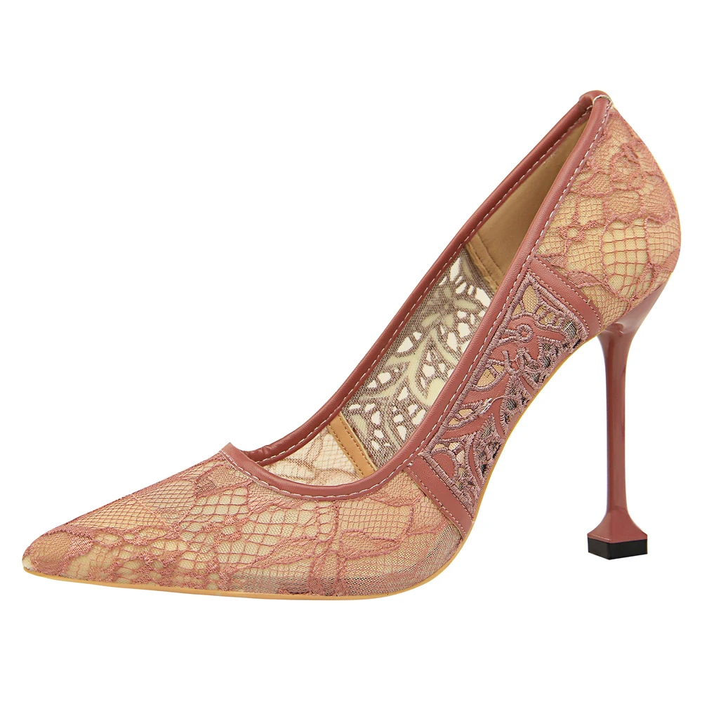 17175-12 Fashionable stiletto heels for women with ultra-high heels and shallow cusp mesh lace hollowed-out single shoes