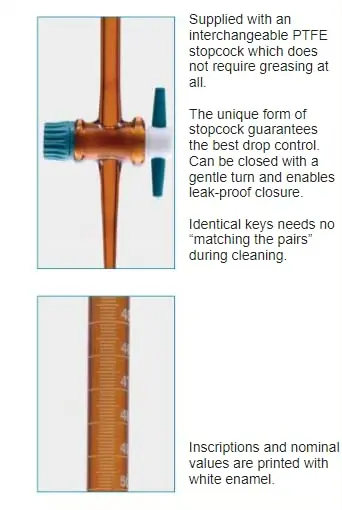 Лабораторная буретка из боросиликатного стекла с Янтарной кислотой 25 мл и стеклянной пробкой, Новинка