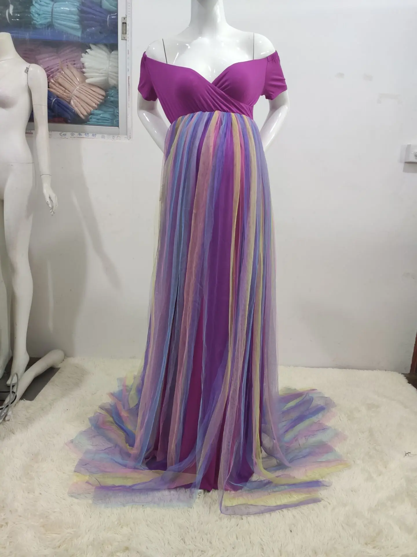 New Style Plus Size Rainbow Tulle Evening Robes Maternity Pregnancy Fancy Maxi Off Shoulder Cotton Gown Dress For Photo Shooting