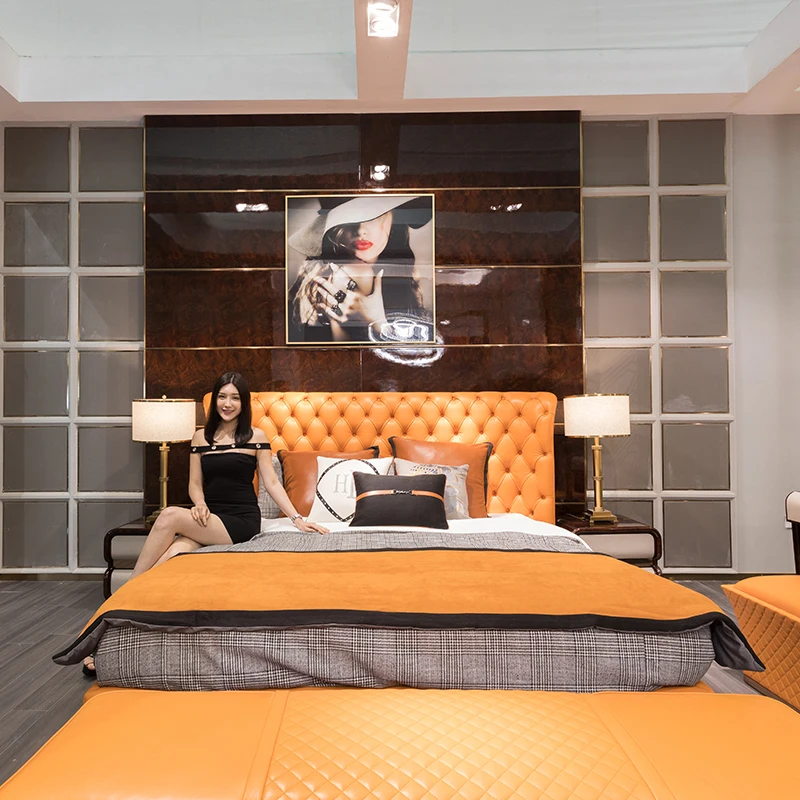 Modern design Nordic italy style solid wood leather bed