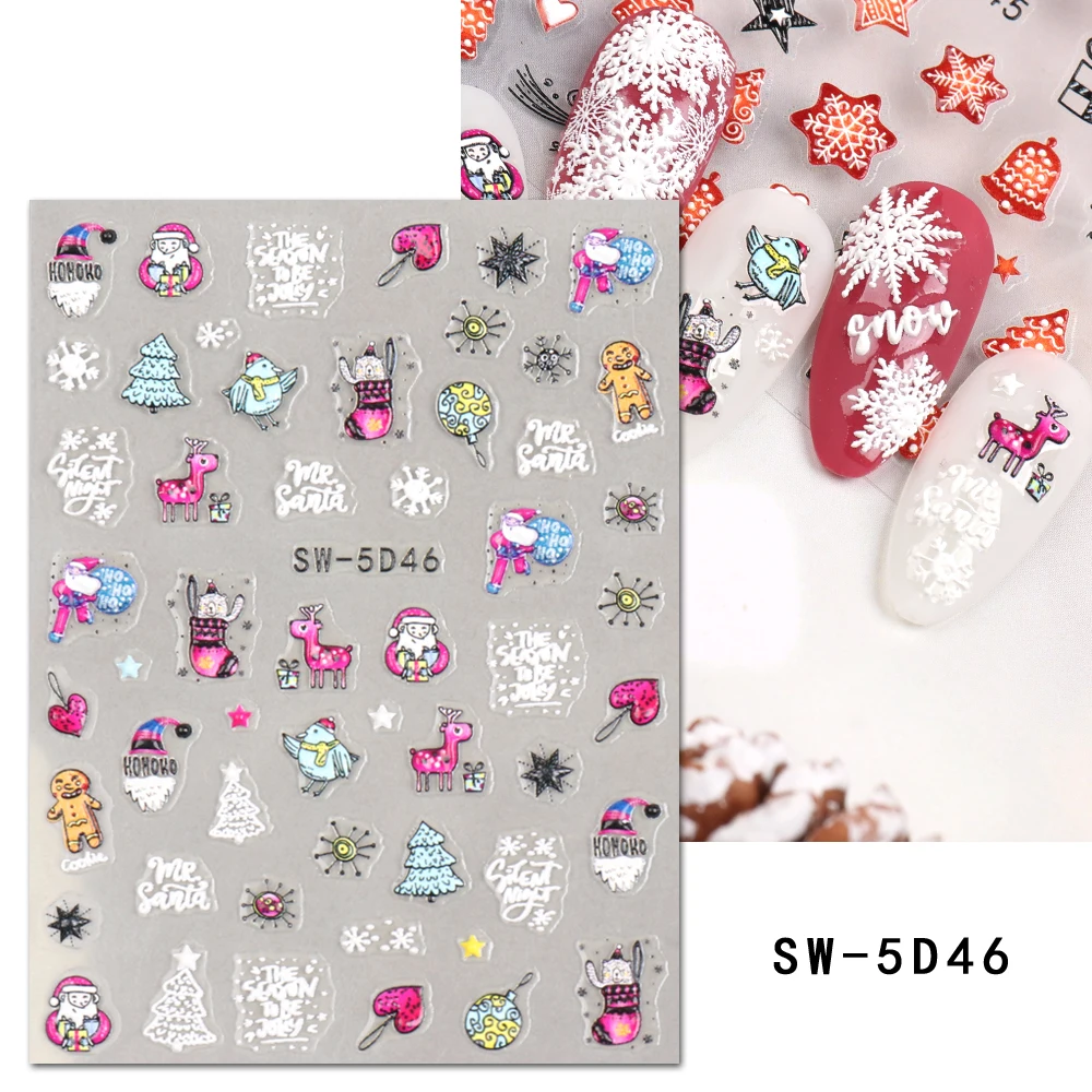 5D White Snowflakes Embossed Sticker Christmas New Year Nail Art Design Winter snowman Nail Manicure Slider Decals Nail Supplies