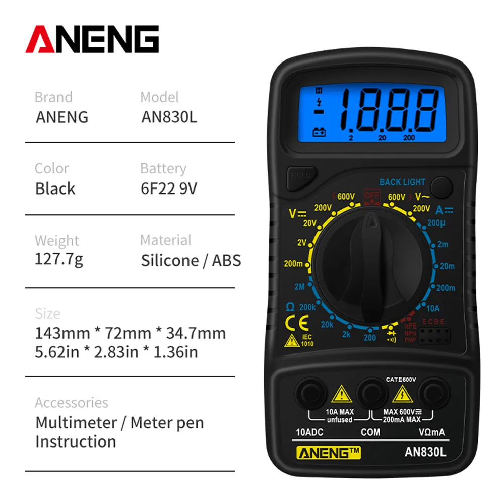  ANENG AN830L портативный цифровой мультиметр ЖК дисплей подсветка переменного тока/постоянного тока Амперметр Вольтметр напряжения метр тестер Multimetro