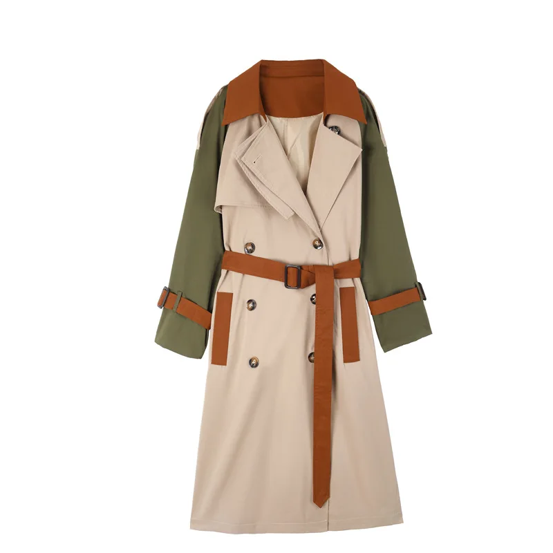 Wholesale 2021 Autumn New Chic Design Sense Three-color Stitching Lapel Double-breasted Belted Long Trench Coat Women Jacket