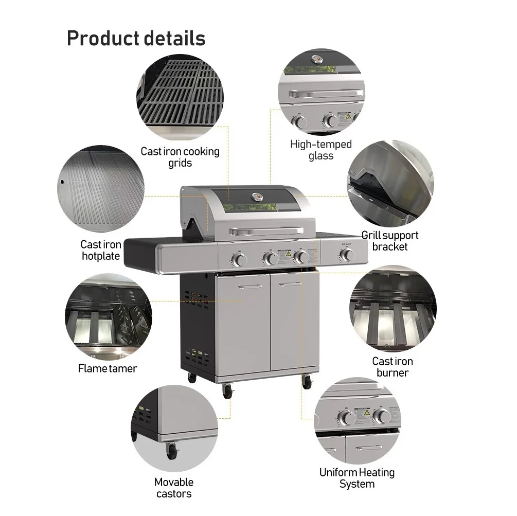 Outdoor Kitchen Stainless Steel High Temp Glass Burner Patio Barbecue Grill BBQ Gas Grill