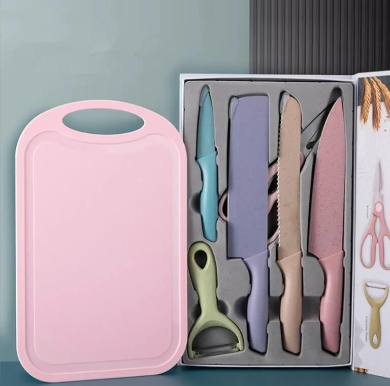 7pcs straw wheat stainless steel kitchen knives set with chopping board