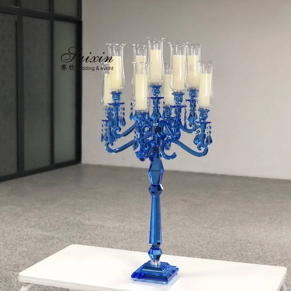 ZT-101B 9 arms blue colors crystal glass candelabra wedding table decoration