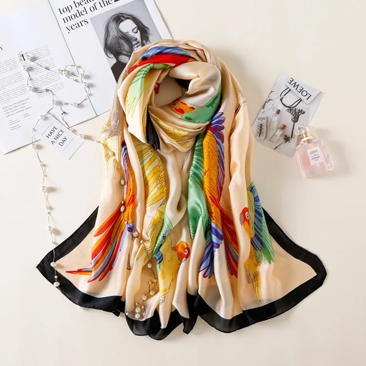
Scarf Manufacturers Custom Print Silk Scarf Long Women Ladies Bird Printing Silk Shawl Scarves 