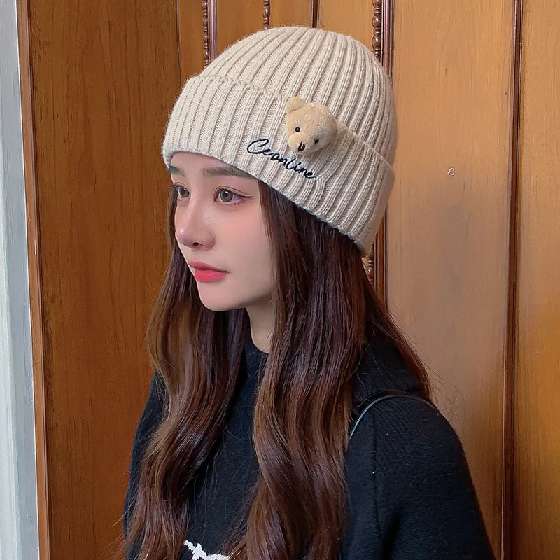 Hot Sale Korean Autumn And Winter Knitted Wool Cap Japanese Cartoon Bear Ins Pure Color Fashion Hats Women
