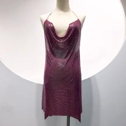 Женское сексуальное Клубное Радужное фиолетовое платье GC025 chainmail, женское вечернее платье на бретелях с открытой спиной