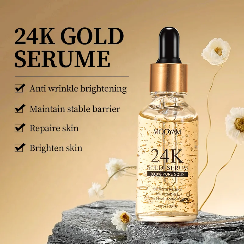 Private Label Custom Face 24K Gold Foil Retinol Essence 30mL Whitening Anti Wrinkle Aging Facial Skin Care Serum
