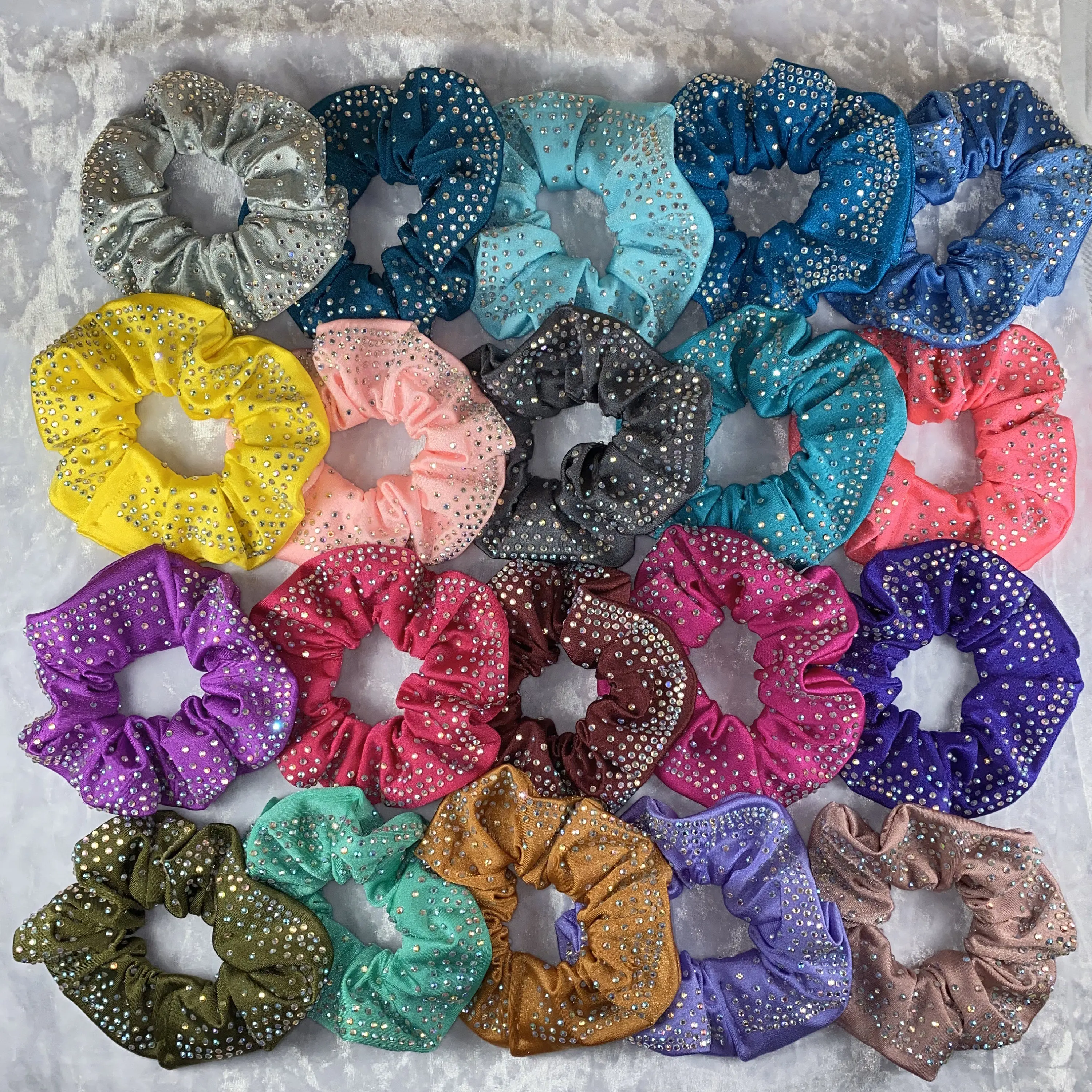 Wholesale custom fashionable glitter colourful hair scrunchies glitter sparkle bling competition fabric hair tie for girls