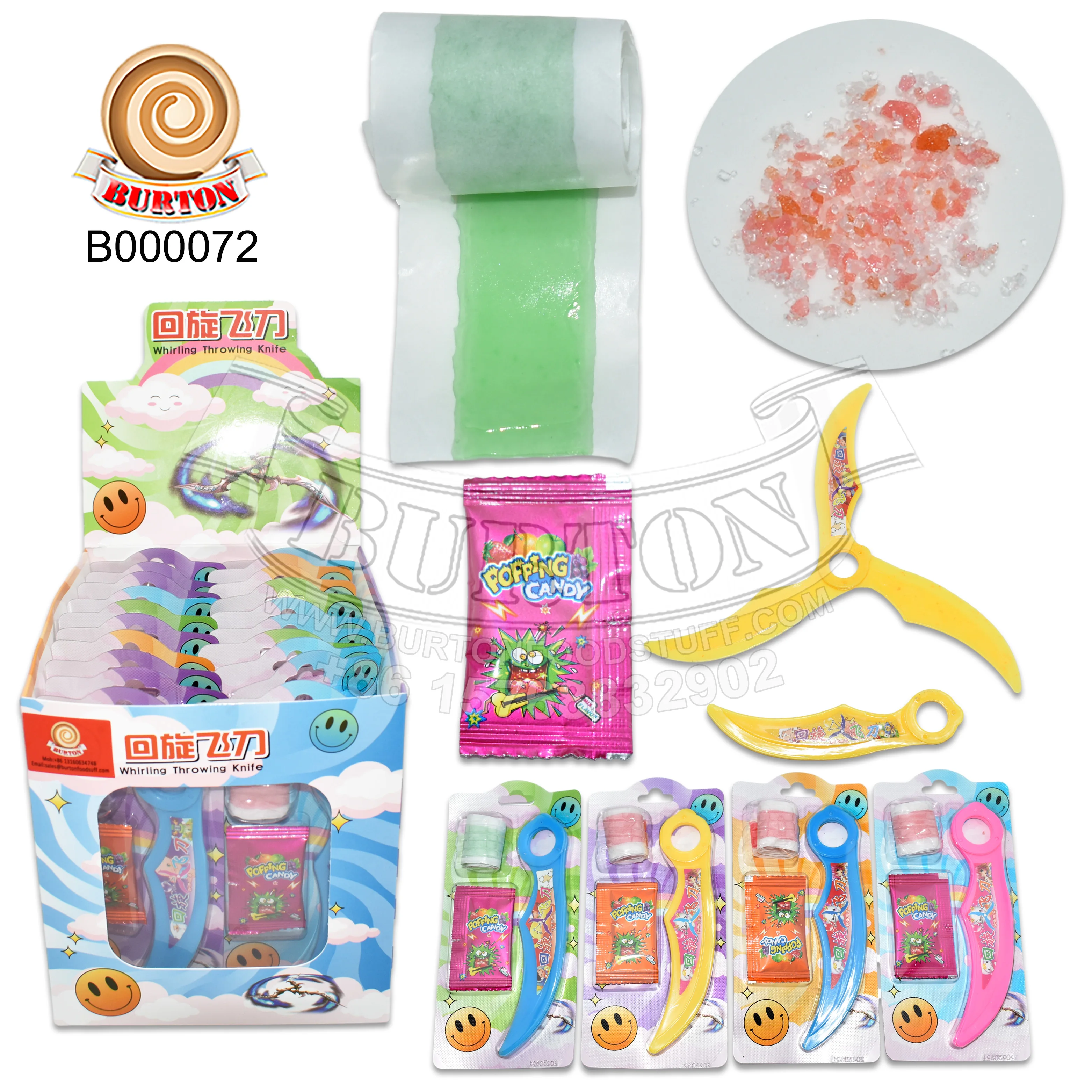 Good taste halal colourful fruit roll candy and sweet popping candy with swirl throwing knife toy