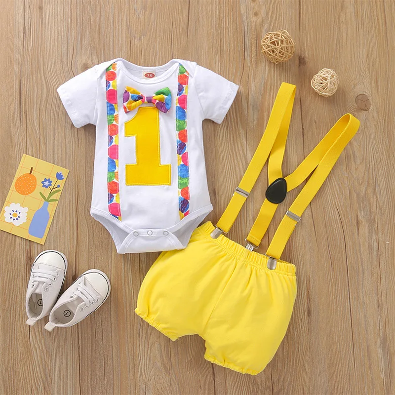 Wholesale Baby Boy First Birthday Outfit Costume 1st birthday outfit boy Gentleman Tie Romper+Shorts babies clothing boys girls