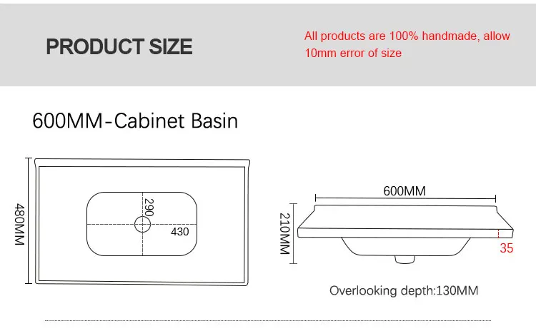Cupc Modern 60cm Rectangular Bathroom Vanity Sink Single-Hole Faucet Mount Hotel Porcelain Basin for Wash Use