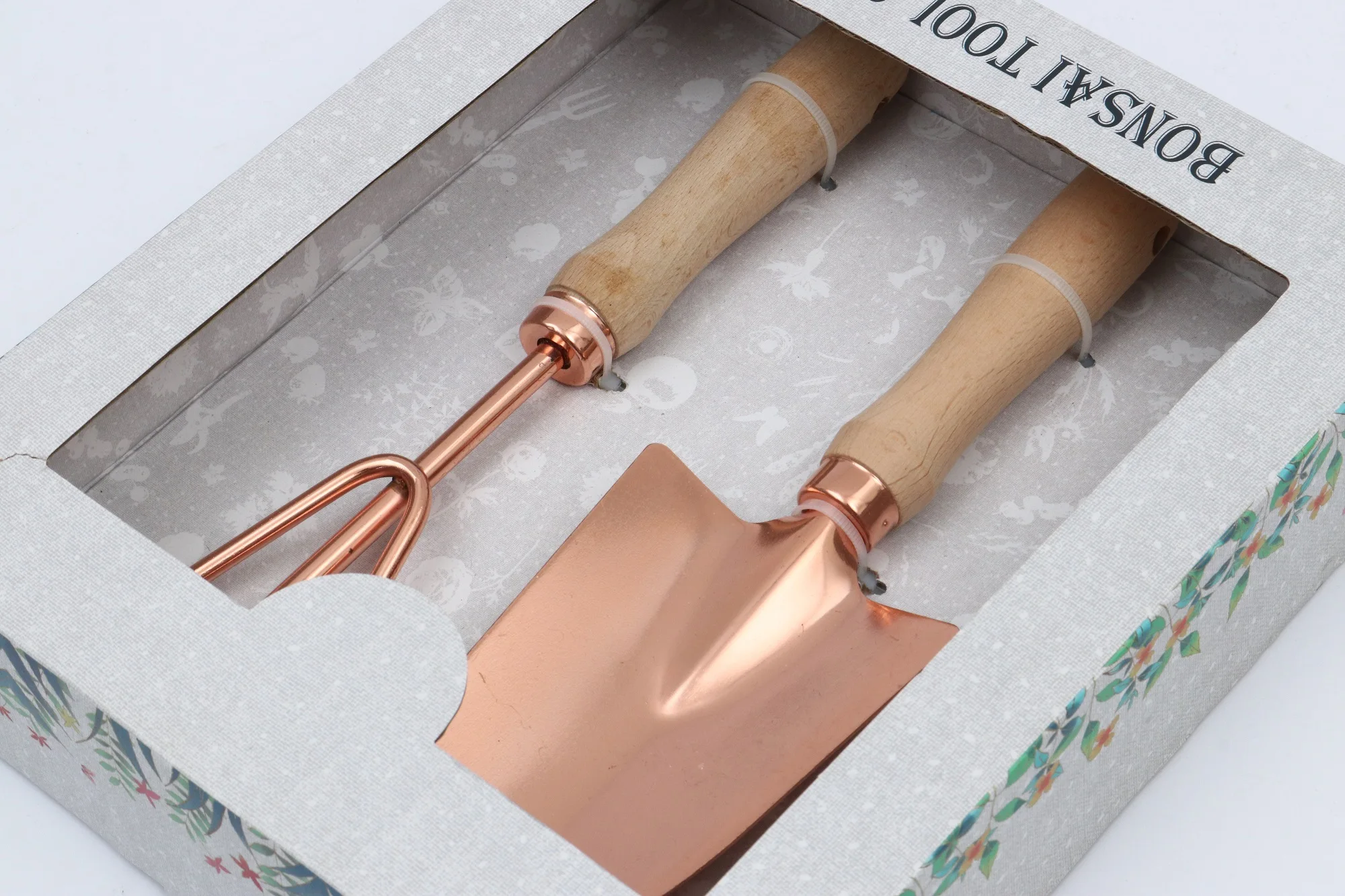 Custom Rose Gold 2pcs Garden Hand Iron Equipment Digging Tools Shovel Leaf Rake Claws Sets with Wooden Handle