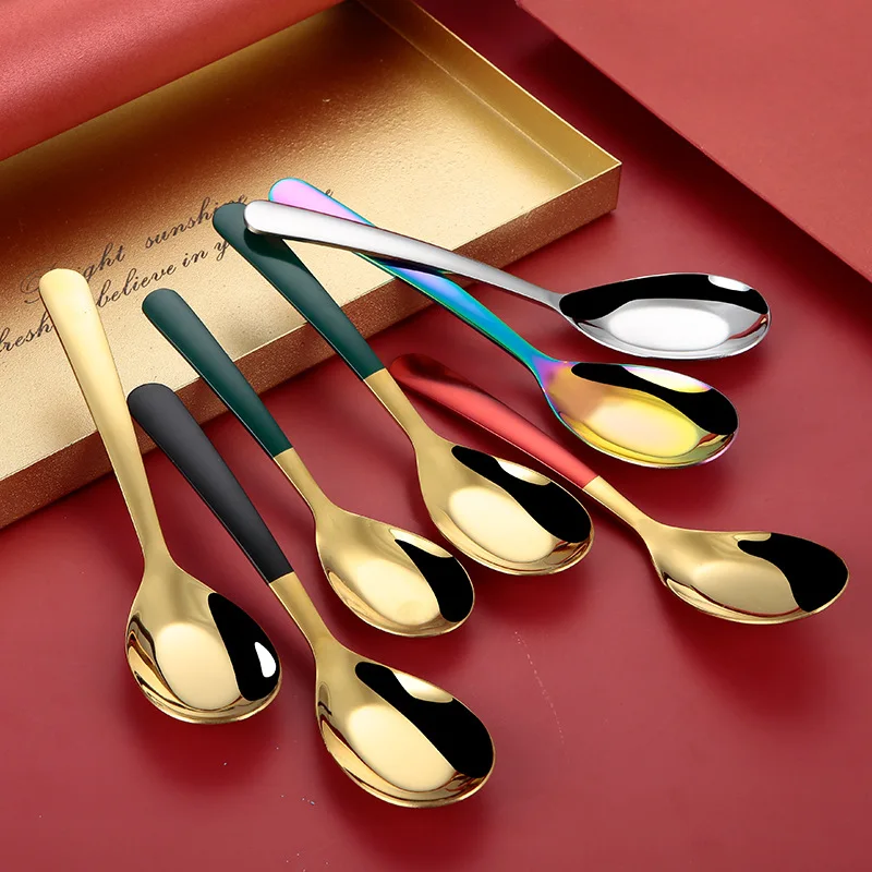 New Arrival 304 Stainless Steel Flat Spoon Gold Silver Coffee Spoon Soup  Dessert Spoon